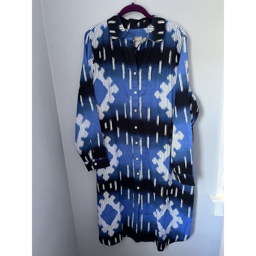 Chico's Women's Linen Super Tunic Ikat Print Size 2 12/14 Blue White Long Sleeve